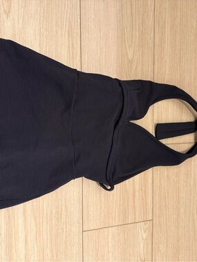 Tahiri Black Ribbed Jumpsuit Halter tie workout gym romper
